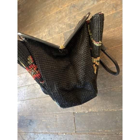 Vintage Black Floral Embroidered Needlepoint Tapestry Purse Handbag Read Below - Picture 12 of 12
